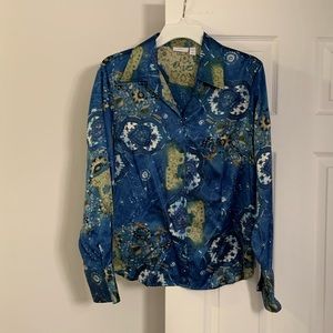 "Apt 9" Blue/Green Flowered Abstract Blouse 95% Silk
5% Spandex, size L